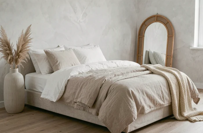 Chambre à coucher minimaliste avec literie en coton blanc et beige, vase en céramique avec herbe de pampa et mur à effet chaux doux