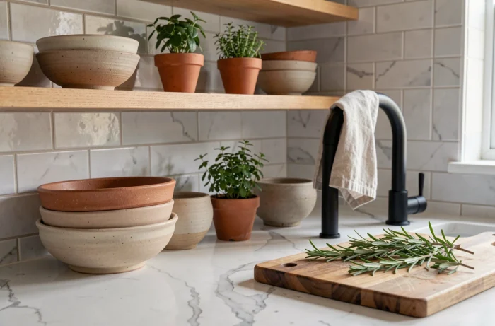 Coin cuisine décoré avec des étagères en céramique artisanale, plan de travail en marbre, plantes aromatiques en pot et accessoires naturels
