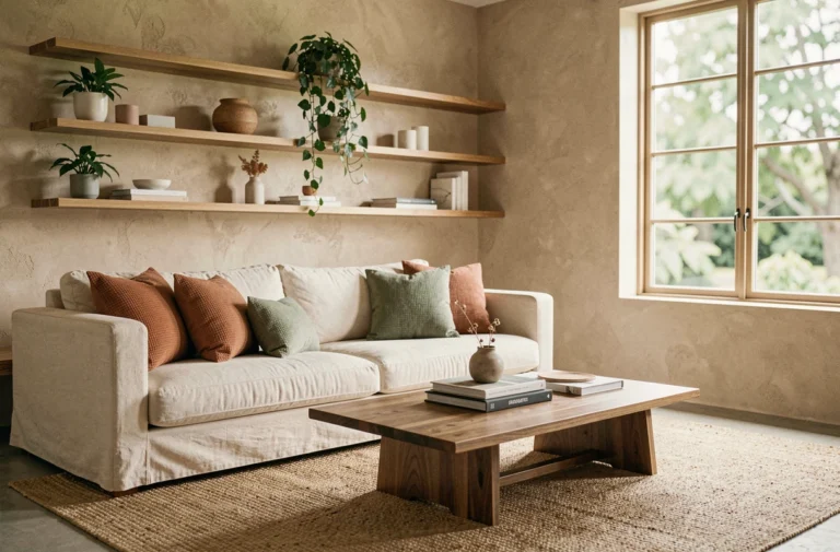 Salon moderne décoré avec un canapé en lin crème, coussins texturés en terracotta et vert sauge, tapis jute et étagères en bois avec plantes