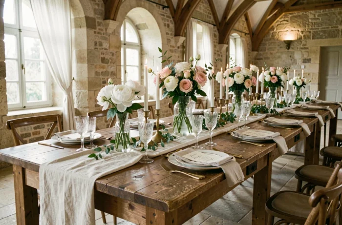 Table de réception de mariage luxueusement décorée avec pivoines blanches, bougies dorées et vaisselle fine dans un château en pierre