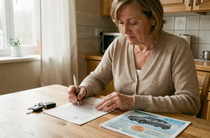 Femme remplissant les documents administratifs pour la cession gratuite de sa voiture