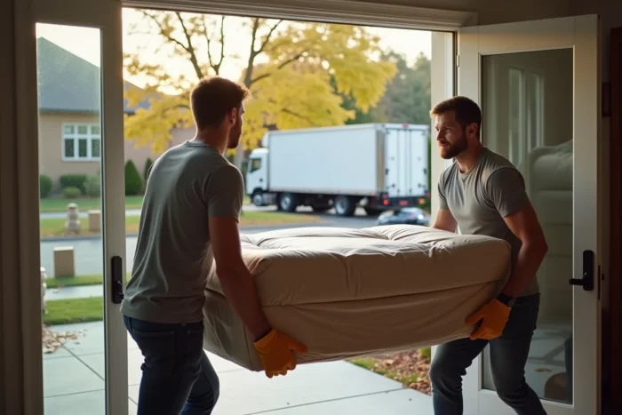 Deux déménageurs portant un canapé emballé hors d'une maison individuelle vers un camion de déménagement