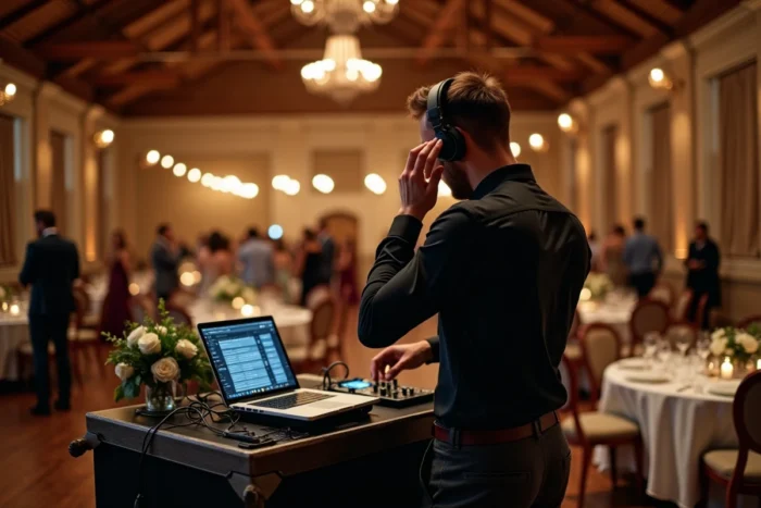 DJ professionnel sélectionnant la musique idéale pour le lancer de bouquet lors d'une réception de mariage en intérieur