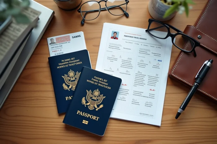Vue de dessus des documents requis pour voyager à Gibraltar : passeport, carte d'identité et itinéraire imprimé