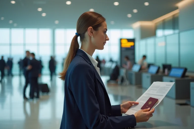 Femme tenant un passeport et des documents de voyage à un comptoir d'aéroport pour partir à Gibraltar