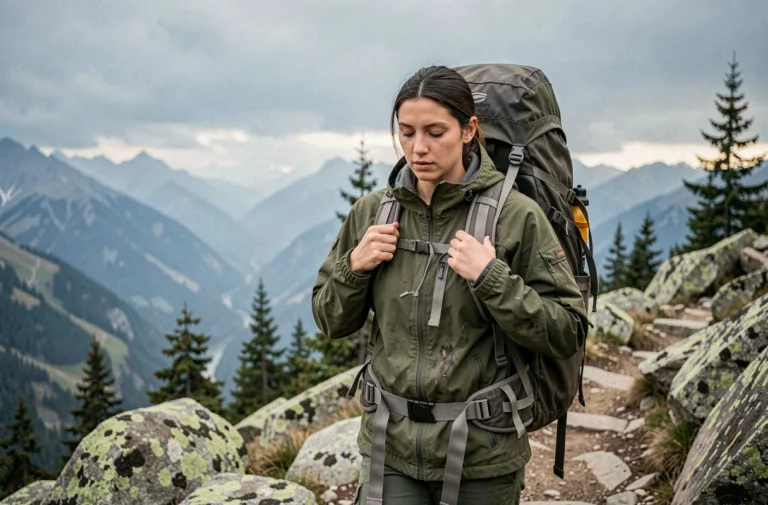Femme randonneuse avec grand sac à dos technique sur un sentier alpin rocheux entouré de pins et de montagnes