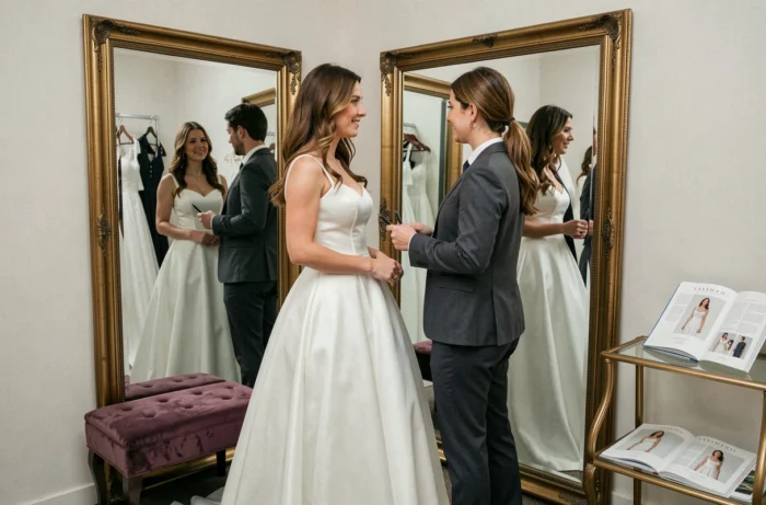 Essayage d'une robe de mariée pas chère en cabine avec catalogue Tati Mariage 2025 en arrière-plan