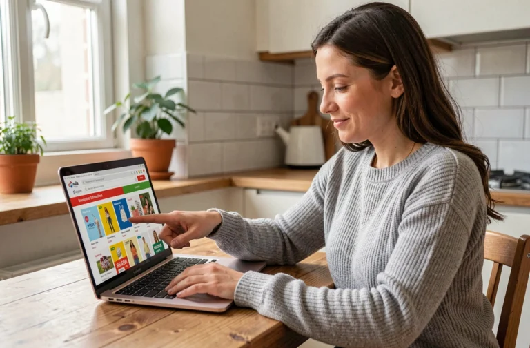 Femme consultant des bons plans et promotions en ligne sur son ordinateur portable dans une cuisine moderne