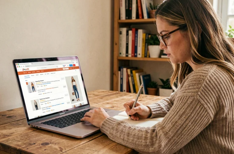 Jeune femme analysant des avis clients sur un site de mode Reserved depuis son bureau à domicile