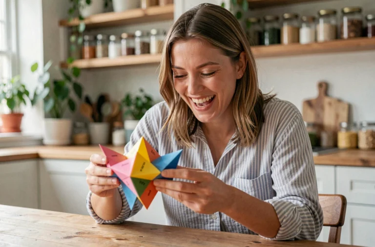 Femme riant en dépliant une cocotte en papier colorée avec un message drôle à table