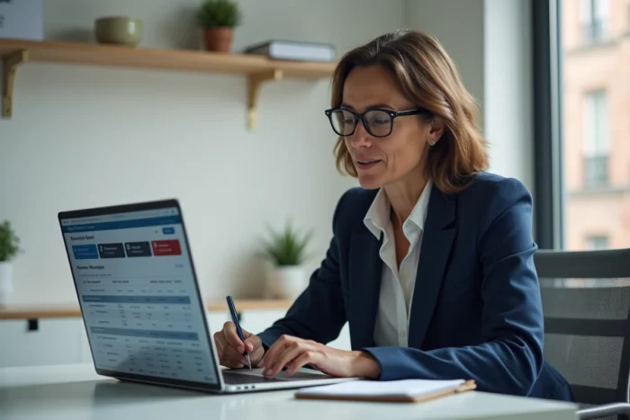 Femme comparant les offres de prêt immobilier de banques nationales sur son ordinateur portable depuis son bureau à domicile