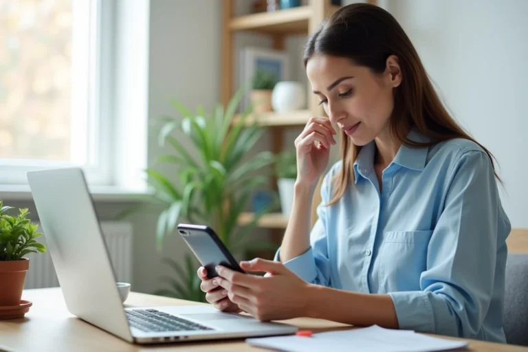 Femme comparant des solutions bancaires sur smartphone et ordinateur portable dans un bureau à domicile moderne