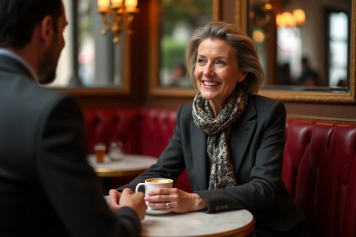 Femme élégante en conversation intime dans une brasserie parisienne classique, révélant sa personnalité et sa vie personnelle