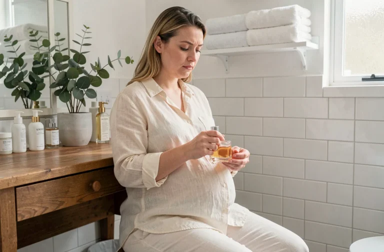 Femme enceinte examinant prudemment un flacon de parfum musqué dans sa salle de bain