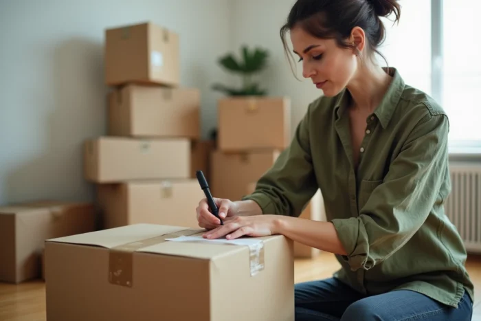 Femme étiquetant des cartons de déménagement avec soin dans un appartement en cours de vidage
