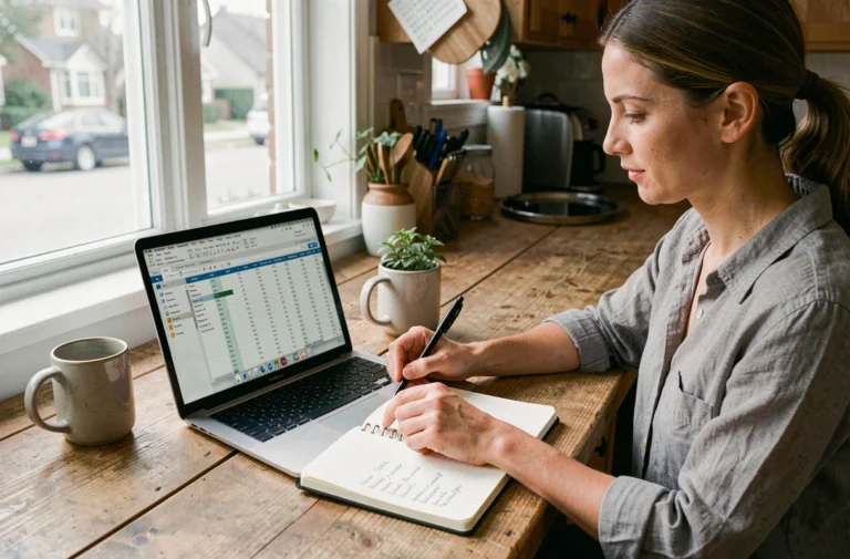 Femme gérant son budget mensuel sur ordinateur portable avec un carnet de notes dans une cuisine moderne
