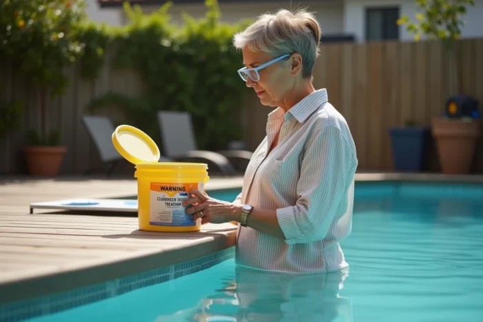 Femme lisant les avertissements sur un bidon de chlore choc avant utilisation près d'une piscine