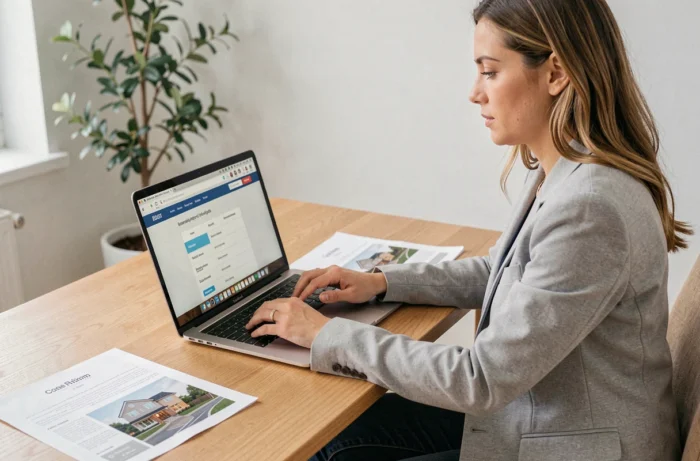 Femme utilisant un ordinateur portable pour naviguer sur le plan du site ImmoGuru dans un bureau à domicile moderne