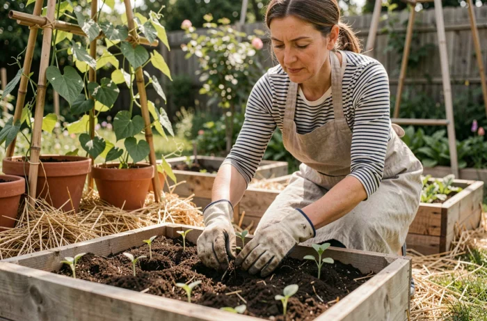 Femme en train de planter des semis dans un potager en carré avec du compost naturel et du paillis de paille
