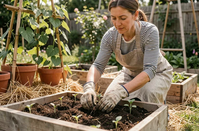 Femme en train de planter des semis dans un potager en carré avec du compost naturel et du paillis de paille