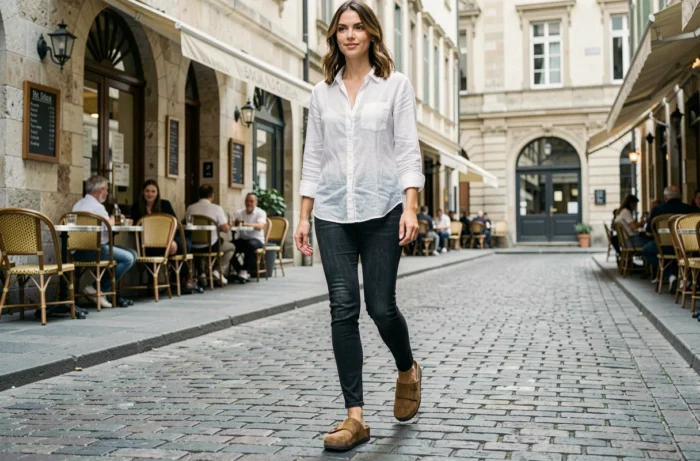 Femme élégante portant des sabots Birkenstock Boston en nubuck huilé dans une rue pavée européenne, associant confort et style pour justifier l'investissement dans une paire de qualité