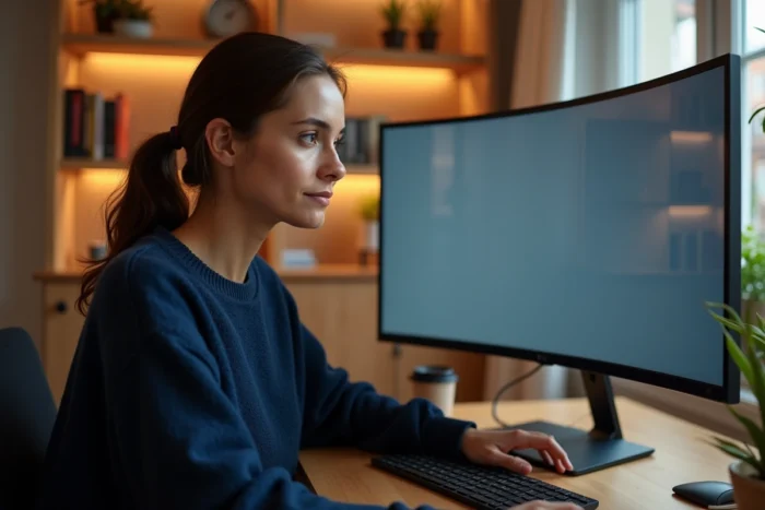 Une jeune professionnelle regardant une plateforme de streaming innovante sur un grand écran dans un bureau moderne à domicile