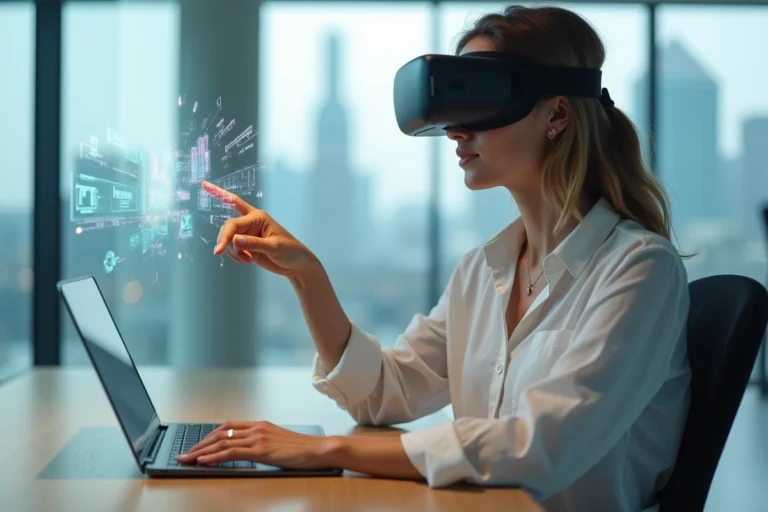 Femme utilisant un casque de réalité augmentée dans un bureau moderne en 2024, innovations technologiques quotidiennes
