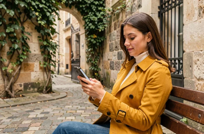 Jeune femme consultant une application de recherche immobilière sur smartphone dans une cour parisienne