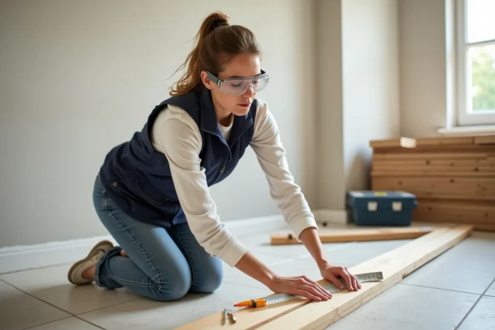Une femme mesurant une planche en bois lors de travaux de rénovation intérieure avec des équipements de bricolage professionnels