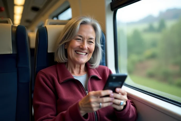 Une femme senior présentant sa carte Avantage Senior SNCF dématérialisée sur smartphone dans un train