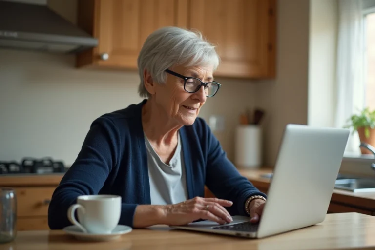 Une femme senior utilisant un ordinateur portable pour dématérialiser sa carte Avantage Senior SNCF depuis chez elle