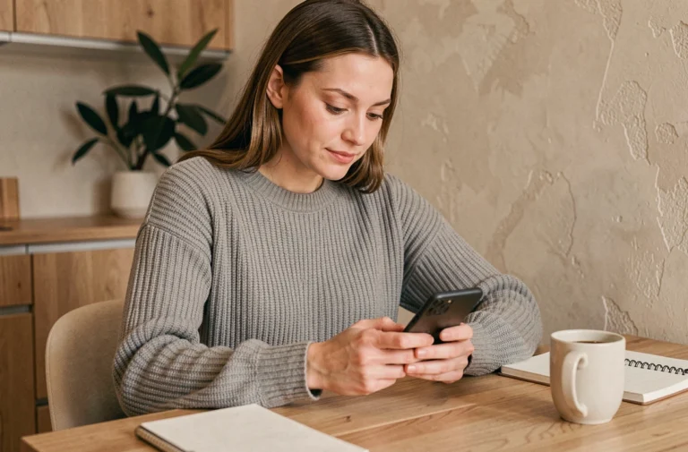 Femme utilisant son smartphone Android dans une cuisine moderne pour découvrir des astuces du quotidien