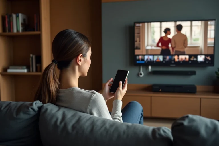 Femme utilisant son smartphone pour lancer un film en streaming sur Chromecast depuis son canapé