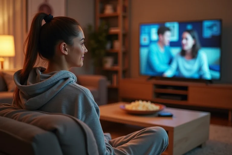 Jeune femme regardant un film en streaming sur sa télévision dans son salon confortable