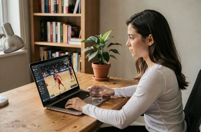Femme suivant un match de basketball en streaming sur un ordinateur portable dans un bureau à domicile