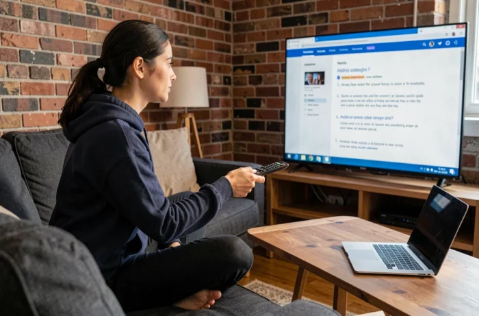 Femme utilisant une télécommande Samsung pour naviguer dans le menu d'installation d'Android sur une Smart TV
