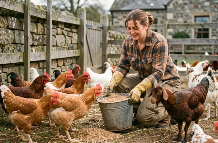 Fermière nourrissant des poules et des chèvres dans une cour de ferme traditionnelle en pierre avec enclos en bois