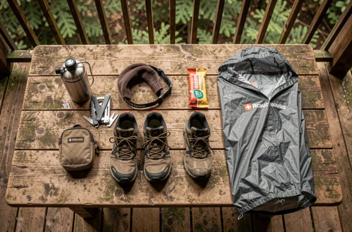 Flat lay d'équipements essentiels pour aventure en pleine nature sur table en bois rustique avec vue sur forêt de conifères