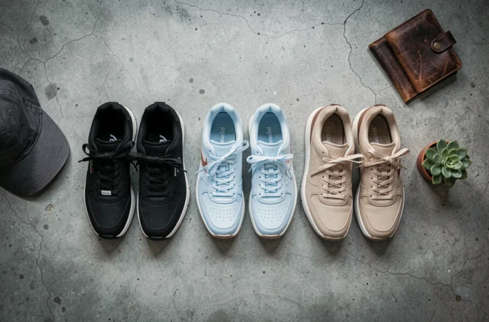 Flat lay de trois paires de sneakers tendances colorées sur surface en béton brut avec accessoires streetwear