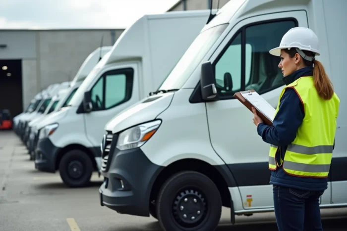 Flotte de fourgons utilitaires GAZelle Next alignés dans un dépôt logistique avec coordinatrice professionnelle