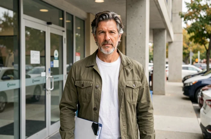 Homme debout devant une clinique moderne tenant un dossier médical, expression déterminée symbolisant la résilience face à la maladie en 2026