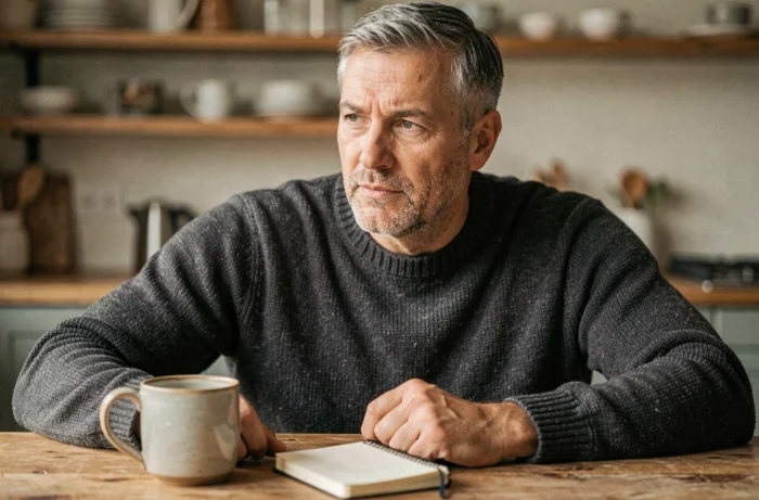 Homme pensif attablé dans une cuisine chaleureuse avec un carnet et une tasse, représentant l'introspection et la vie quotidienne lors d'un parcours médical difficile