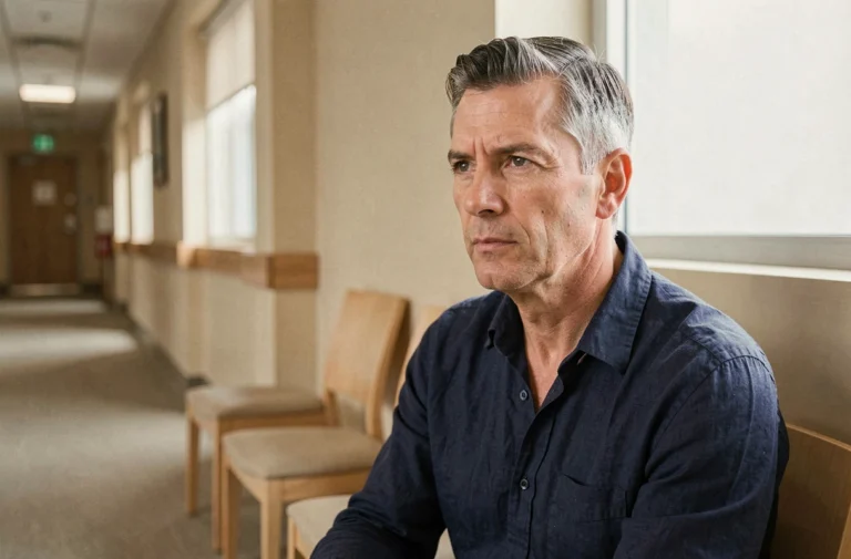 Homme d'âge mûr aux cheveux poivre et sel assis dans une salle d'attente d'hôpital, regard méditatif tourné vers la fenêtre, illustrant le combat contre la maladie