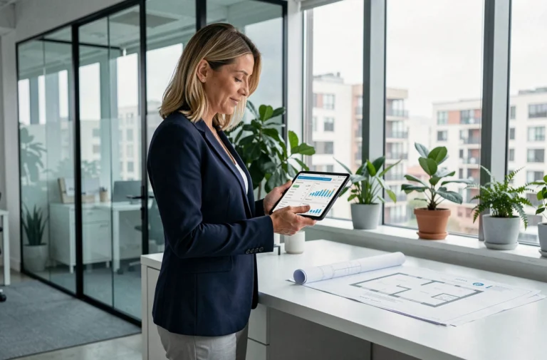 Gestionnaire immobilière consultant un tableau de bord digital de gestion de biens dans un bureau moderne