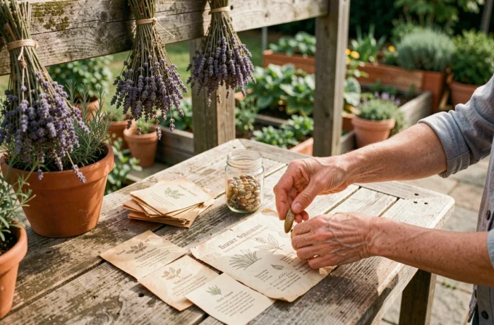 Mains de deux générations triant des graines anciennes et consultant un plan de potager écologique