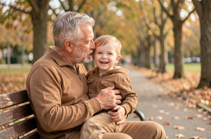 Grand-père partageant un moment complice avec son petit-fils prénommé César sur un banc de parc en automne