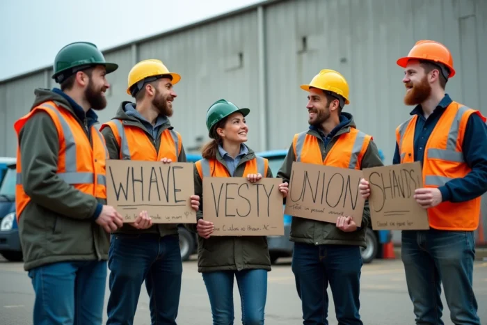 Groupe de travailleurs en grève devant une usine industrielle, tenant des pancartes syndicales avec expressions déterminées