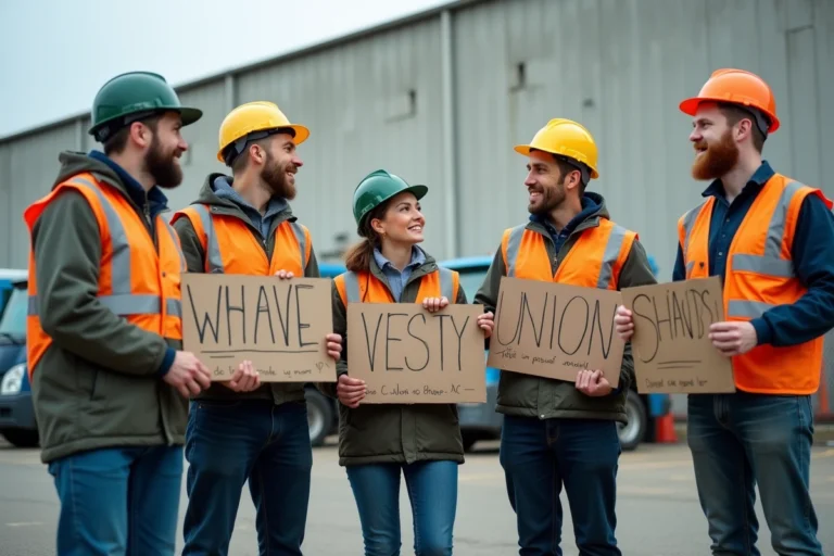 Groupe de travailleurs en grève devant une usine industrielle, tenant des pancartes syndicales avec expressions déterminées