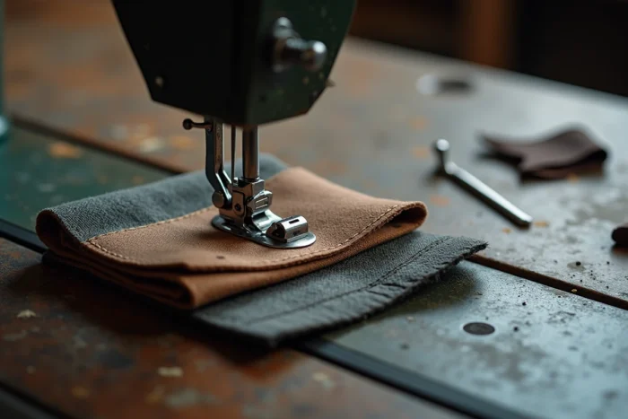 Gros plan sur une aiguille de machine à coudre traversant plusieurs couches de tissu épais en toile et cuir avec un pied presseur métallique