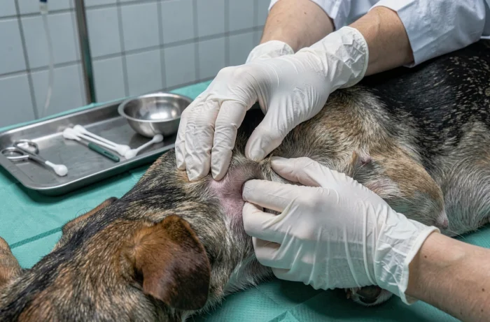 Gros plan sur les mains d'un vétérinaire examinant la région périanale d'un chien sous sédation en salle de soins